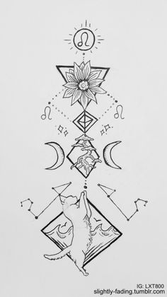 a black and white drawing of a pyramid with stars, moon and sun on it