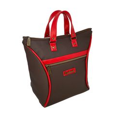 a brown and red tote bag on a white background