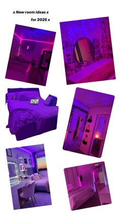 purple light in a bedroom with white furniture