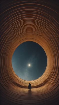 a person sitting in the middle of a tunnel with an open sky and moon behind them