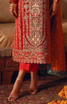 Orange Red Elegant Pakistani Salwar Kameez Embroidered Suit is beautiful ensemble designed with modern round cuts and Subtle embroidery on Kameez and Dupatta. Eid 2024, Pakistani Sharara, Tissue Dupatta, Subtle Embroidery, Embroidered Suit, Pakistani Salwar, Organza Sleeves, Salwar Kameez Online, Pakistani Salwar Kameez