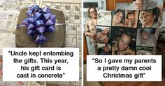 two pictures with words on them that say, uncle kept entombing the gifts this year