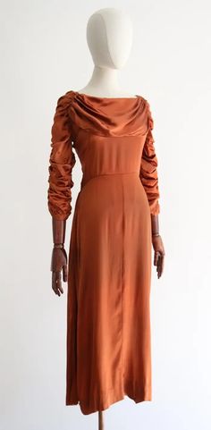 Vintage 1930's Pleated and Ruched Amber Satin Dress UK 10 US 6 For Sale at 1stDibs 1930s Evening Dress, Hood Dress, 1930's Dresses, 1930s Dress, 30s Fashion, 1930s Fashion, Retro Clothing, Dresses Uk, Satin Dress