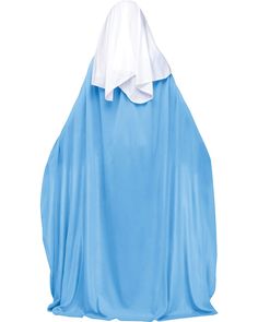 a person in a blue and white costume with a large cloak on their head,