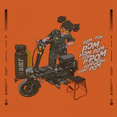 a drawing of a woman on top of a motorbike with the words bomb from adam rom and ron written below