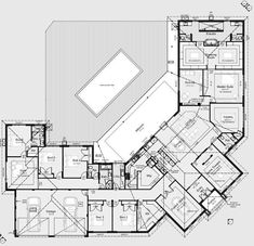 the floor plan for a house with an indoor swimming pool and two separate living areas