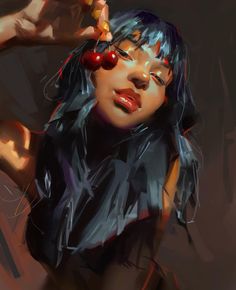 a digital painting of a woman with cherries on her head and hands holding an apple