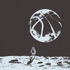 an astronaut is standing on the moon with a basketball in his hand, as if he was about to land