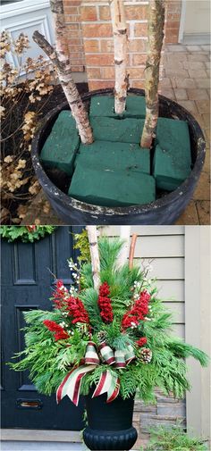 christmas decorations are displayed in front of a door and on top of a potted planter