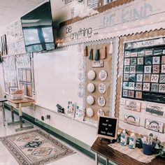 a classroom with lots of magnets and pictures on the wall