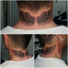 three different views of a man's neck with wings on it