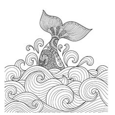 a whale in the ocean with waves and swirls coloring book page for adults and children