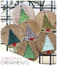 christmas ornaments made out of wood and string