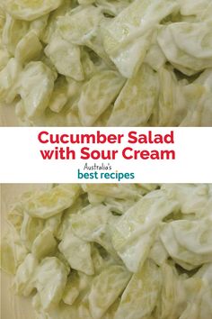 cucumber salad with sour cream is shown in two separate images, one on the left and the other on the right