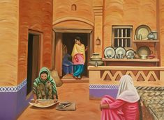 an oil painting of two women preparing food