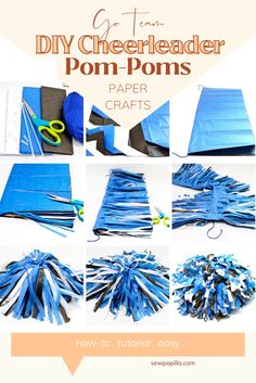 the instructions for how to make paper pom poms with blue and white strips