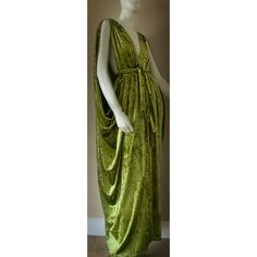 Handmade in our small exclusive studio in Portland Oregon. Indulge in the timeless elegance of our exquisite draped velvet Grecian gown, crafted from luxurious materials for a regal and goddess-like look.  The flowing design features intricate draping and a body-flattering silhouette, perfect for any formal occasion.  The soft rich crushed velvet in luscious chartreuse/olive green adds a touch of sophistication and luxury, while the Grecian-inspired details bring a touch of ancient glamour. Spec Green Velvet Dress For Wedding, Luxury Velvet Wedding Dress, Green Velvet Formal Evening Dress, Fitted Velvet Dress With Traditional Drape, Grecian Gown, Goddess Gown, Grecian Goddess, Rhinestone Appliques, Greek Goddess