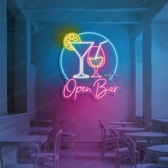 a neon sign that says open bar with two glasses of wine