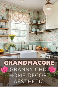 a kitchen with pink flowers on the counter and shelves above it is an advertisement for grandma's chic home decor aesthetic