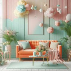 a living room decorated in pastel colors with pink, blue and white balloons hanging from the ceiling