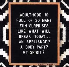 a black and white sign with words on it that says, adulthood is full of so many fun surprises like what will break today an appliance?