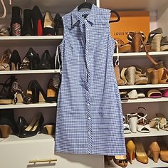 Blue And White Gingham Dress Size 2. Never Worn. Comes With Matching Fabric Sash / Belt. Preppy Fitted Dresses For Work, Fitted Blue Plaid Dress For Spring, Preppy Fitted Plaid Dress For Picnic, Fitted Preppy Plaid Dress For Spring, Fitted Sleeveless Plaid Dress For Day Out, Preppy Fitted Plaid Cotton Dress, Fitted Cotton Plaid Dress In Preppy Style, Fitted Plaid Cotton Dress In Preppy Style, Fitted Blue Plaid Cotton Dress