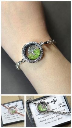 the bracelet is decorated with an image of a tree and has green leaves on it