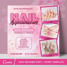 Beauty Nail Instagram Post, Nail Appointments Flyer, Manicure Pedicure Marketing, Beauty Salon Templates, Nail Artist Brand, Editable Canva, Nail Salon Business, Nail Art Templates, Nail Flyer, Nail Designer, Beauty Influencer Kit, Social Media Kit, Nail Salon Branding, Premade Template, Blogger Template, Nail Story Template. Are you looking for easy-to-edit Influencer templates to enhance your business? Or do you want a branded Instagram profile? These templates are for you! Would you like to e Nails Layout Design, Nail Banner Design, Nail Art Banner, Nails Poster Design Posts, Nail Art Pamphlet, Nail Art Flyer Design, Nails Flyer Design, Nail Instagram Post, Nail Promotions Ideas