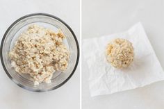 two pictures side by side one shows oatmeal and the other shows rolled oats in a glass bowl