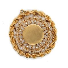 "Vintage 14K Yellow Gold Unique Large Gold Locket with Pearls and Filigree and Rope Frame Pendant Charm. The locket measures about 3/4\" and has a brushed finish cover. There are 9 pearls that measure about 2mm surrounding the locket set in prongs and with a beautiful filigree design. The pendant is finished with a 4mm solid gold rope edge, and the overall measurement of the pendant is about 1.66\". Weight: 22.42 grams" Ornate Hallmarked Yellow Gold Bracelet, Heirloom Yellow Gold Bracelet With Filigree, Heirloom Yellow Gold Filigree Bracelet, Heirloom Gold Bracelet Hallmarked, Intricate 14k Gold Bracelet, 14k Gold Bracelet With Intricate Design, 14k Gold Bangle With Intricate Design, Ceremonial Gold Jewelry With Screw Back, Antique Yellow Gold Bracelet For Wedding