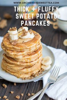 stack of fluffy sweet potato pancakes topped with banana slices