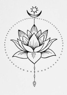 a drawing of a lotus flower with the moon in the middle and crescent on top