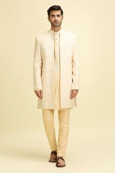 Beige full sleeves longline front open bundi with Gul bloom vine embroidery. Paired with a full sleeves embroidered yoke kurta and a pant. - Aza Fashions Vine Embroidery, Jayanti Reddy, Dia Mirza, Anushree Reddy, Anamika Khanna, Kurta Set For Men, Diana Penty, Rohit Bal, Beige Silk