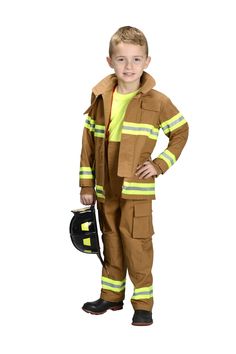 a young boy wearing a fire fighter costume