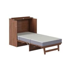 a bed with a drawer underneath it and a mattress on the bottom shelf next to it