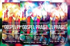 three colorful flyers for a concert with people on the stage and lights in the background