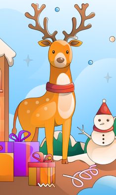 a reindeer standing next to a snowman with gifts in front of it and a house