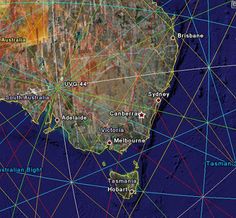 a map with many lines on it and the location of australia in red, yellow and blue