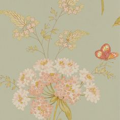 a painting of flowers and butterflies on a green background