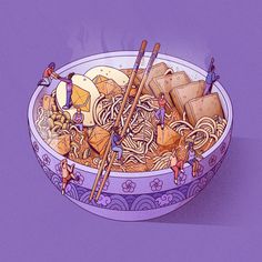 a bowl filled with noodles and chopsticks on top of a purple tablecloth