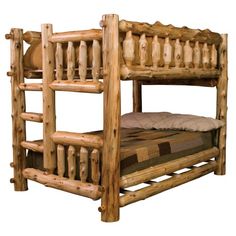 a wooden bunk bed sitting on top of a white floor next to a pillow and blanket