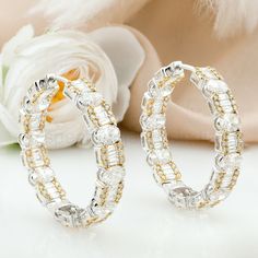 Real H/SI Baguette Diamond Hoop Earrings 14k White/Yellow Gold Two Tone 9.67 Ct.