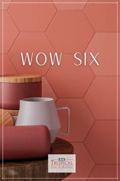 the words wow six are in front of some cups and containers on a wooden table