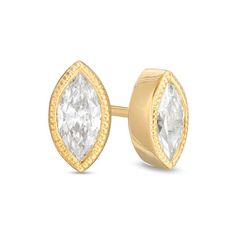 Perfectly petite, these vintage-inspired diamond stud earrings are an adorable look she'll never want to take off. Crafted in warm 10K gold, each anytime earring showcases a sparkling 1/5 ct. marquise-shaped diamond solitaire in an intricate milgrain-lined bezel setting. Captivating with 3/8 ct. t.w. of diamonds and a bright polished shine, these post earrings secure comfortably with friction backs. Yellow Gold Marquise Cut Earrings For Gift, Classic Marquise Cut Diamond Earrings, Yellow Gold Marquise Cut Earrings As Gift, Timeless Gold Diamond Earrings With Rose Cut, Classic Yellow Gold Earrings With Bezel Setting, Elegant Yellow Gold Marquise Cut Diamond Earrings, Gold Diamond Earrings With Marquise Accents, Yellow Gold Marquise Earrings Fine Jewelry, Yellow Gold Marquise Cut Earrings