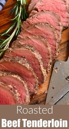 sliced roast beef on a cutting board with rosemary sprigs next to it and knife