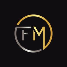 the letter f m in a gold and silver circle on a black background, with an elegant