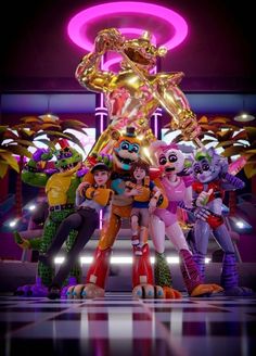 five cartoon characters standing in front of a neon sign