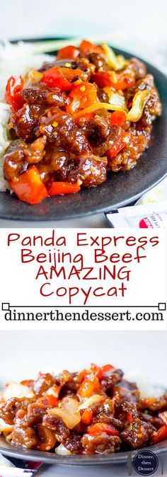 a plate with some food on it and the words panda e - rice amazing copycath