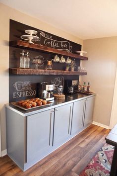 a coffee bar with chalkboard on the wall