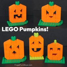 four lego pumpkins with the words lego pumpkins on them